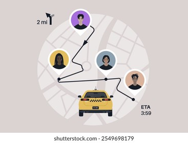 A vibrant city map displays a carpool taxi navigating to pick up passengers, illustrating the efficient ride-sharing network and estimated arrival time for an interactive travel experience