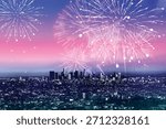 A vibrant cityscape background with fireworks. The background features a pink and blue gradient, creating a festive and lively atmosphere. New year background with copy space vector.