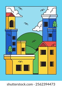 Vibrant cityscape with colorful buildings and lush hills nature background excellent for travel brochures cartoon hand drawn