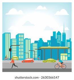 A vibrant cityscape depicting renewable public transportation, electric bicycles, and people walking in a modern city. Urbanization and Mobility Concept.