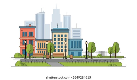 Vibrant Cityscape with Green Park and Modern Architecture Featuring Tall Buildings and Lively Street Scene