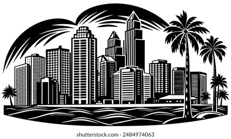 Vibrant cityscape silhouette featuring skyscrapers, lights, and a lively urban setting. tall buildings, bright lights, and a bustling urban atmosphere.