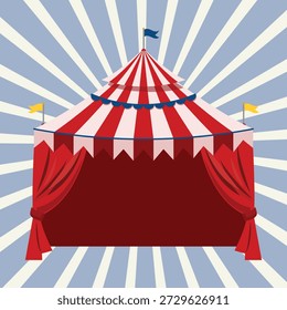 Vibrant classic circus big top tent in striking red white stripes, open red curtains inviting entry, blue yellow flags waving atop peaked roof. 