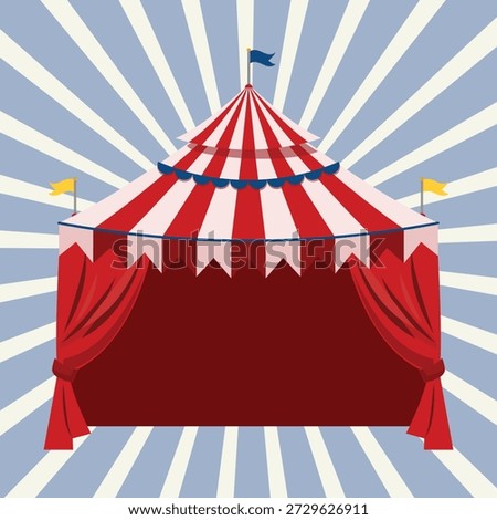 Vibrant classic circus big top tent in striking red white stripes, open red curtains inviting entry, blue yellow flags waving atop peaked roof. 