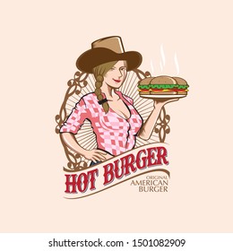 A vibrant and classic vector illustration featuring a beautiful woman in a cowboy hat and red checkered shirt, carrying a tray of delicious hot American burgers. Set against an elegant vintage frame with "Hot Burger" and "Original American Burger" typography. Ideal for burger joints, classic diners, fast food restaurant logos, food truck branding, and American-themed culinary marketing.