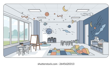 A vibrant classroom setting filled with educational and playful elements