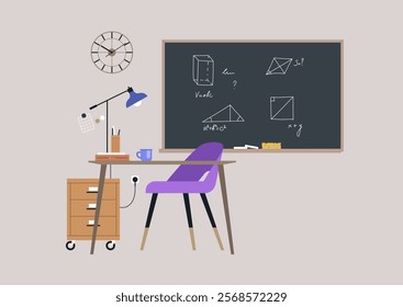 In a vibrant classroom, a sleek desk sits under a wall clock, accompanied by a stylish chair and a blackboard filled with math equations, creating an inviting study atmosphere