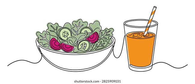A vibrant and clean continuous line art vector illustration showcasing a healthy meal combination: a fresh garden salad bowl filled with leafy greens, cucumber slices, and tomatoes, paired with a glass of organic orange juice complete with a striped straw. Drawn with a single unbroken black ink outline on a solid white background, the design features subtle, artistic flat color highlights of soft green, magenta, and bright orange. This contemporary aesthetic is perfect for wellness brands, health-focused cafe menus, nutrition blogs, or minimalist kitchen decor.#HealthyEating #SaladAndJuice #LineArt #VectorIllustration #MinimalistDesign #SingleLineDrawing #WellnessGraphics #NutritionMenu