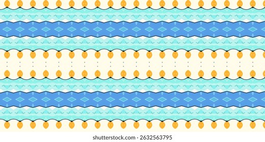 A vibrant and clean ethnic seamless pattern in shades of blue and cream, incorporating geometric diamond shapes and soft scalloped edges.