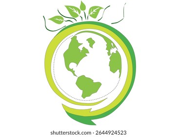 A vibrant and clean illustration depicting a green Earth at its center, encircled by a dynamic green arrow forming a continuous loop