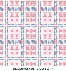 Un patrón geométrico sin fisuras vibrante y limpio con cuadrados anidados de color rosa suave y líneas rayadas diagonales azules. Esta versión moderna de un diseño clásico a cuadros es perfecta para la impresión textil, envoltura de regalos, decoración de viveros y proyectos creativos de marca.