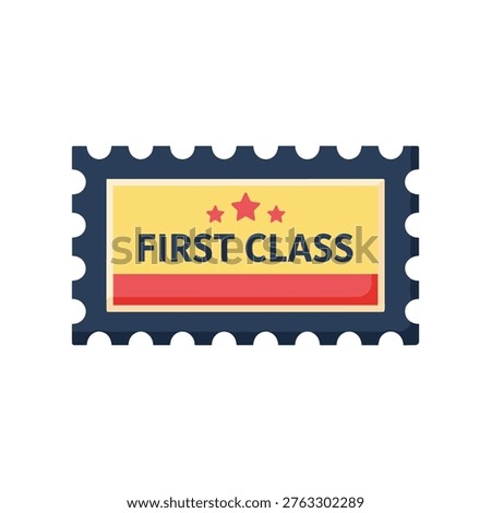 A vibrant and clean vector illustration of a first class postage stamp featuring bold red stars on a golden background. Ideal for marketing, business, postal services, and educational materials.