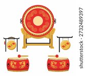 A vibrant, clean vector illustration of a traditional Chinese percussion set. At the center, a large red barrel drum (Dagu) sits on a carved golden stand, featuring a cream-colored center and swirling golden cloud motifs. Flanking it are two hanging golden gongs within minimalist black frames, each adorned with red flame-like accents. At the base, two smaller horizontal barrel drums (Tanggu) with golden dragon patterns are paired with wooden mallets. Perfect for Lunar New Year or festive music designs.