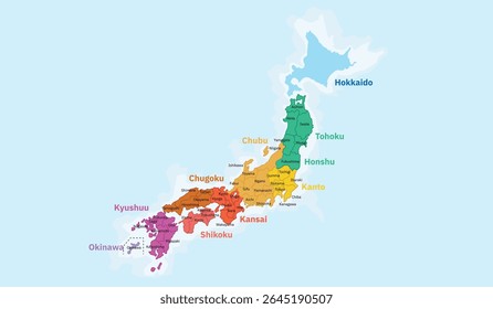 Um mapa político claro e vibrante do Japão, destacando suas principais ilhas e regiões com cores distintas. O mapa rotula as principais regiões, incluindo Hokkaido, Tohoku, Kanto, Chubu, Kansai, Chugoku, 