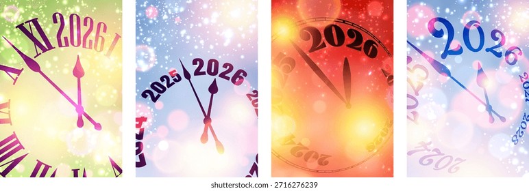 Lebendige Uhrendesigns in verschiedenen Farben, die bis 2026 zählen. Vektorgrafik perfekt für festliche Neujahrsprojekte.