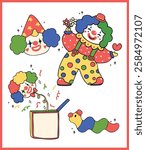 Vibrant Clown Characters Clowncore Cartoon Hand Drawn Doodle set