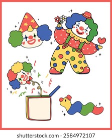 Vibrant Clown Characters Clowncore Cartoon Hand Drawn Doodle set