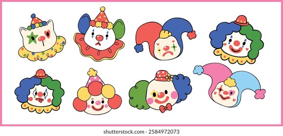 Vibrant Clown Emotional Faces Clowncore Cartoon Hand Drawn Doodle set