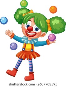 A vibrant clown with green hair juggles colorful balls. Bright, playful illustration with dynamic composition and cheerful expression
