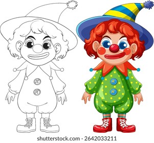 Vibrant clown illustration with a detailed outline. Features bright colors, playful expression, and whimsical attire. Ideal for creative projects