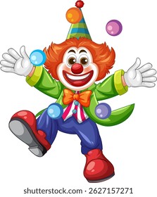 Vibrant clown illustration with dynamic juggling pose, bright colors, and cheerful expression. Ideal for playful and festive themes