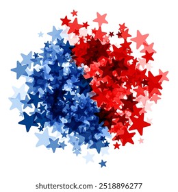 A vibrant cluster of overlapping red and blue stars creating a dynamic circular pattern. Perfect for patriotic or election-themed visuals.