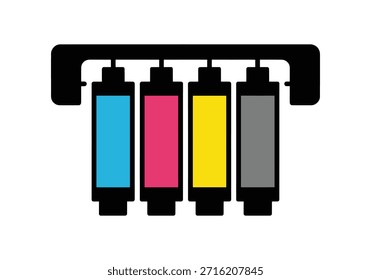 Cartuchos de tinta de impressora CMYK vibrantes que representam um processo de cores digitais essencial para design gráfico profissional e ícone de impressão de fotos de alta qualidade