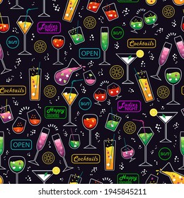 Vibrant cocktail party themed pattern with neon bar signs and colorful beverages. Vector seamless pattern design for textile, fashion, paper, packaging, wrapping and branding