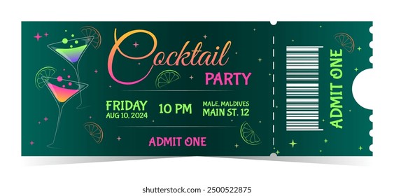 Vibrant cocktail party ticket template in neon colors, event details, and martini glasses, admit one bardcode