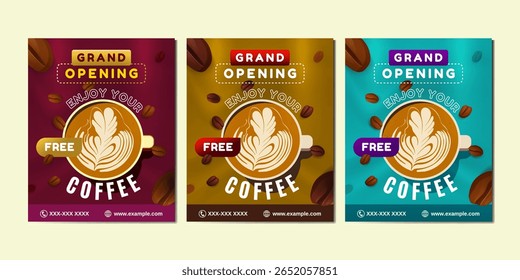 A vibrant coffee shop grand opening social media post template featuring coffee cups, beans, and modern layout. Perfect for food and beverage promotions.