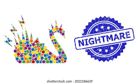 Vibrant collage black danger swan, and Nightmare dirty rosette seal. Blue seal includes Nightmare tag inside rosette. Vector round spots are composed into abstract illustration black danger swan icon.