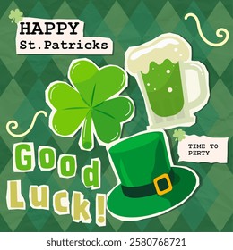 A vibrant collage celebrating St. Patrick's Day, featuring a clover, a frothy green beer, and a leprechaun hat with festive text, perfect for party invitations and decorations.