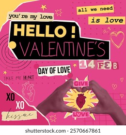 A vibrant collage celebrating Valentine's Day with hand heart gesture, love messages, and playful graphics in pink and yellow hues.