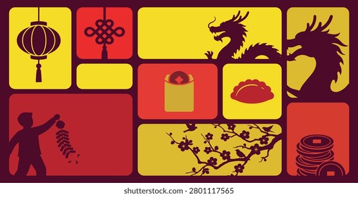 A vibrant collage of Chinese New Year symbols including dragons, lanterns, firecrackers, dumplings, coins, and a blooming branch with birds.