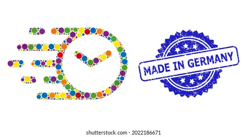 Vibrante reloj de collage, y hecho en Alemania arañó sello de rosette. El sello azul contiene el texto Made in Germany dentro de la roseta. Los puntos de círculo vectorial se componen en un icono de reloj de mosaico abstracto.