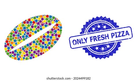 Lebhafte Collage Kaffeebohnen und Nur Fresh Pizza Kautschuk Rosette Stempel. Die blaue Stempelmarke enthält nur frischen Pizza-Text in Rosette.