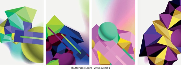 A vibrant collage of colorful geometric shapes featuring shades of purple, violet, magenta, and electric blue on a white background. The art includes rectangles made of plastic and glass