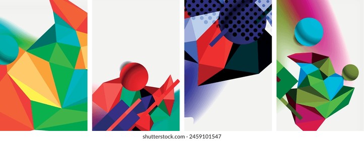 A vibrant collage of colorful geometric shapes in magenta, electric blue, and other hues on a white background, creating a bold and dynamic visual arts composition