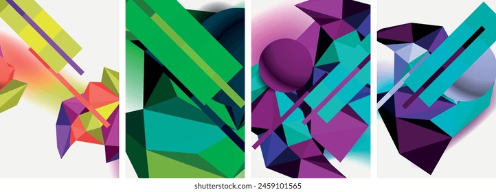 A vibrant collage of colorful geometric shapes on a white background, featuring shades of purple, violet, magenta in rectangles and triangles. A creative arts display of varying tints and shades
