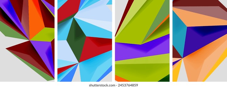 A vibrant collage of colorful triangles, including red, magenta, and tints and shades, arranged symmetrically on a white background in a creative art pattern