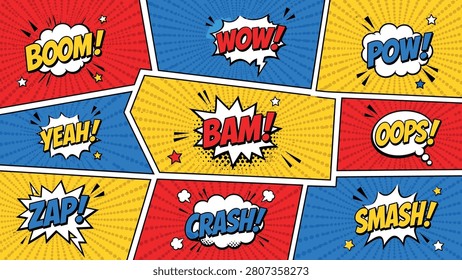 A vibrant collage of comic book panels featuring onomatopoeia and action words in a retro pop art style