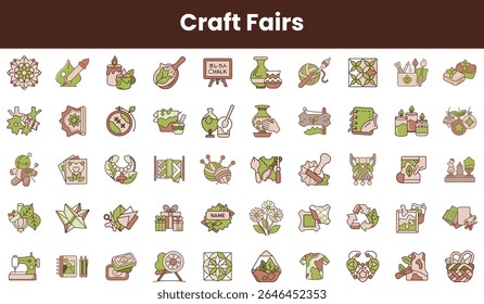 A vibrant collage of craft fair icons featuring green and earthy tones, showcasing creativity through various crafts such as sewing, painting, and pottery.