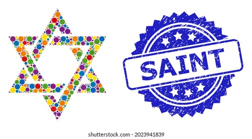 Vibrant collage david star, and Saint dirty rosette seal print. Blue stamp seal has Saint text inside rosette. Vector circle spots are grouped into abstract collage david star icon.