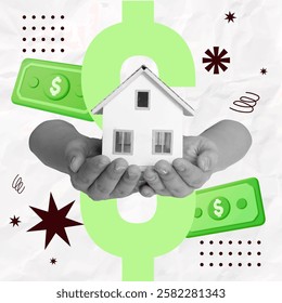 A vibrant collage depicting hands holding a miniature house surrounded by cash, symbolizing real estate investment and financial security themes.
