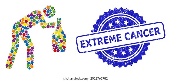 Vibrante hombre ebrio de color y sello sucio de sello de rosette de cáncer extremo. El sello azul incluye la etiqueta de cáncer extremo dentro de la rosette.
