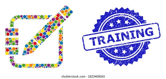 Vibrantes registros de edición de collage y la impresión del sello de rosette sucio de Entrenamiento. Sello de sello azul incluye la leyenda Entrenamiento dentro de la rosette.