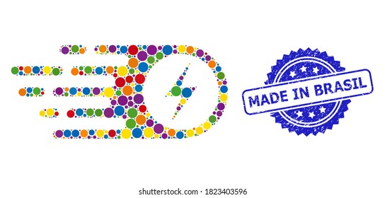 Vibrant collage electrical strike, and Made in Brasil dirty rosette stamp seal. Blue stamp seal has Made in Brasil tag inside rosette.