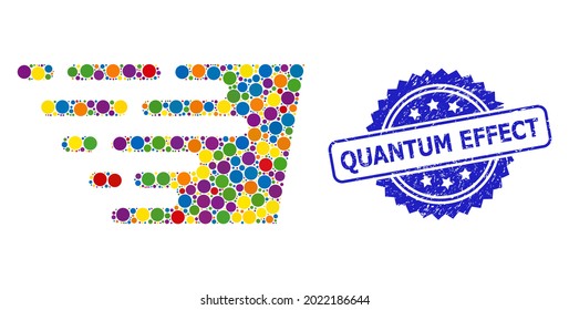 Vibrant collage fast effect, and Quantum Effect grunge rosette stamp. Blue stamp contains Quantum Effect tag inside rosette. Vector round dots are grouped into abstract collage fast effect icon.