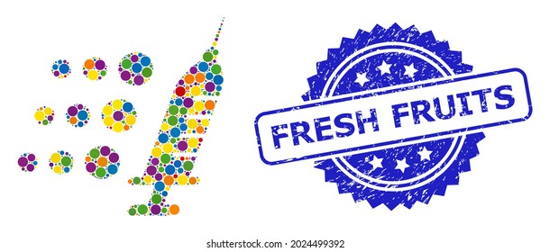 Vibrant collage fast vaccine, and Fresh Fruits rubber rosette watermark. Blue stamp seal includes Fresh Fruits title inside rosette.