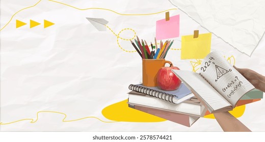 A vibrant collage featuring an apple, notebooks, and stationery items, perfect for promoting education and learning themes in creative projects.